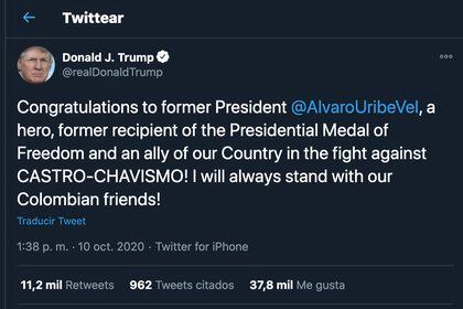 Presidente Donald Trump felicita a Álvaro Uribe / Twitter