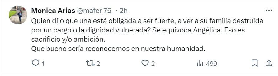 Usuarios criticaron la posición de Angélica Monsalve frente a la renuncia de Amelia Pérez - crédito red social X