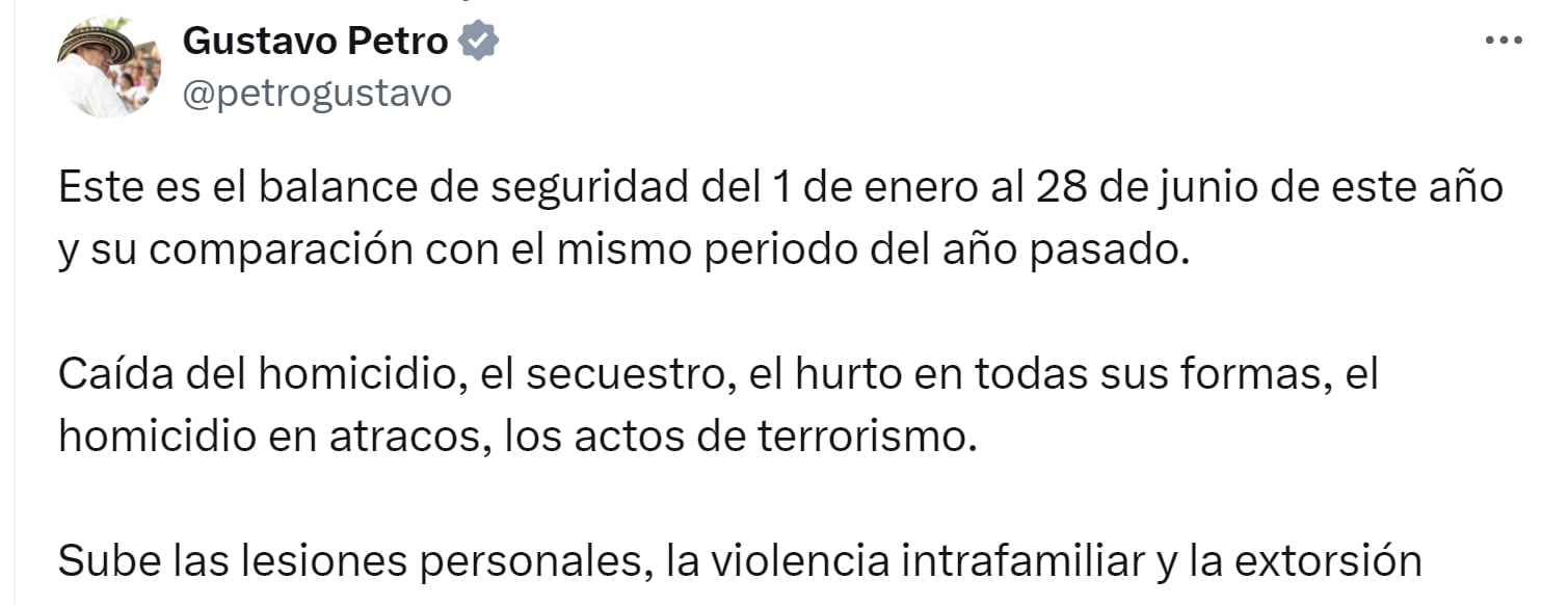 El presidente Gustavo Petro compartió el balance de seguridad del primer semestre de 2024 - crédito X