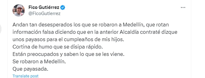 Federico Gutiérrez respondió por presunta malversación de fondos durante su administración como alcalde de Medellín entre 2016 y 2019 - crédito @FicoGutierrez/X