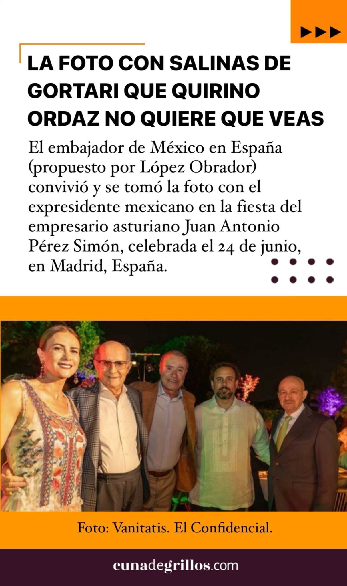 Reaparece Carlos Salinas de Gortari y posa junto al embajador de México en España, Quirino Ordaz.  (Captura de Pantalla/@cunadegrillos)