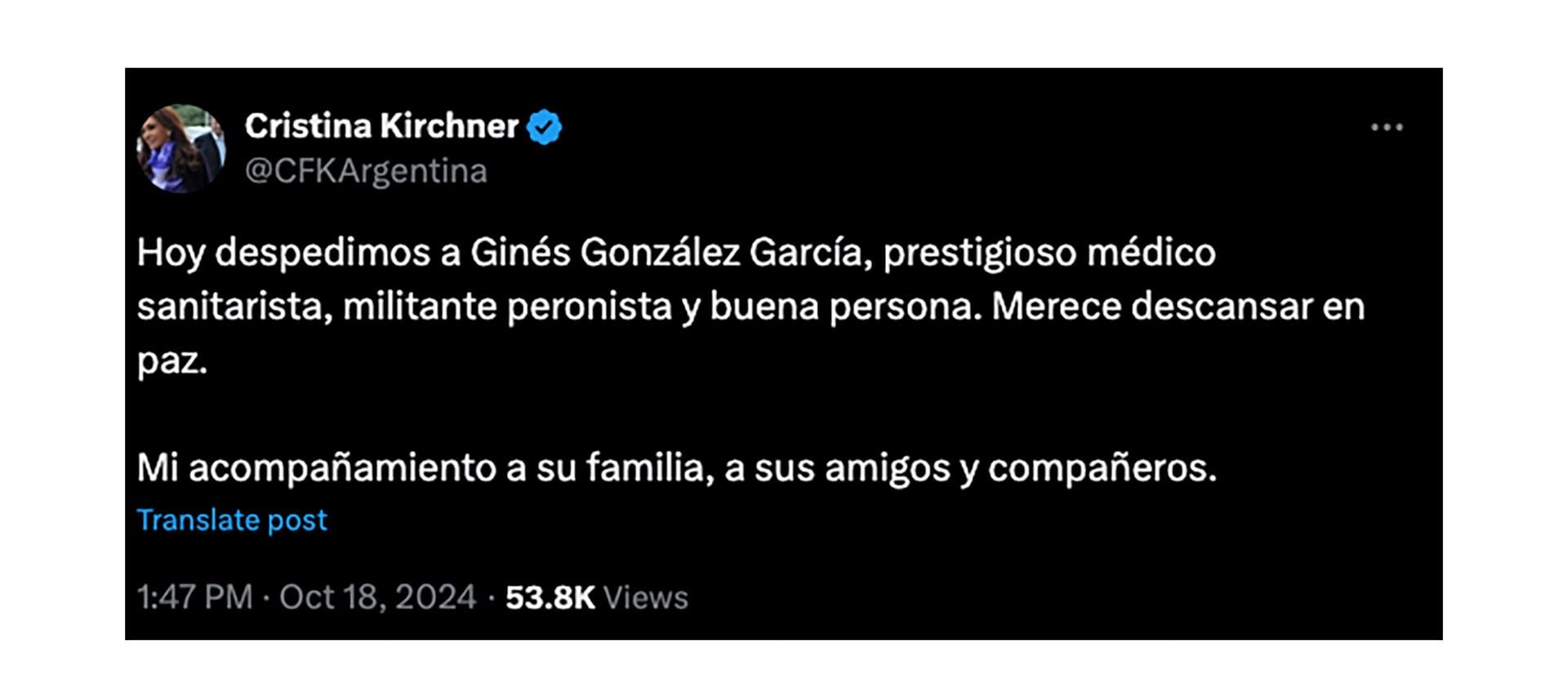 Cristina Kirchner despidió en sus redes sociales a Ginés González García