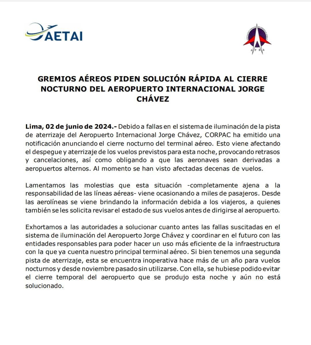 Comunicado de gremios de aerolíneas peruanas (AETAI y APEA) pidiendo a Corpac que resuelva el problema de las luces inoperativas en la pista del Jorge Chávez.
