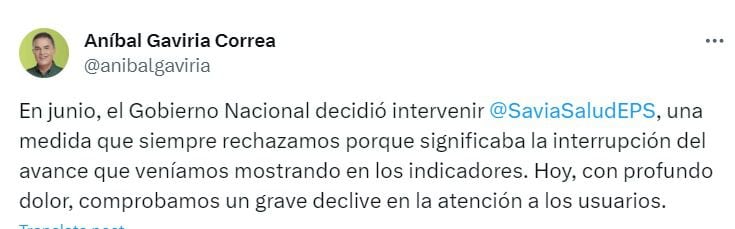 El Gobernador Gaviria denunció el declive en la atención a los usuarios de SaviaSalud - crédito @anibalgaviria / X