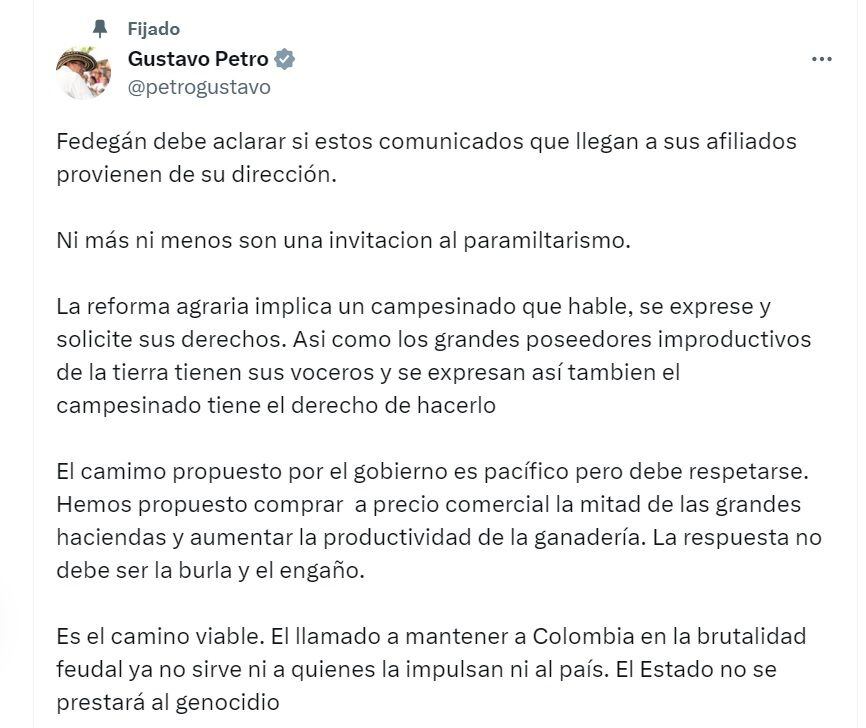 Publicación de Gustavo Petro, presidente de Colombia - crédito @PetroGustavo / X