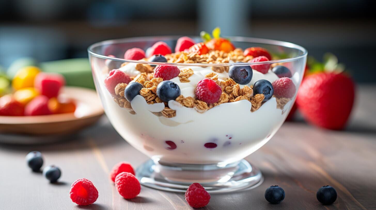 Imagen de un desayuno saludable con yogur, cereal, avena y arándanos rojos. Una opción nutritiva y equilibrada que aporta energía para tu día. Aliméntate bien y disfruta de los beneficios. (Imagen ilustrativa Infobae)