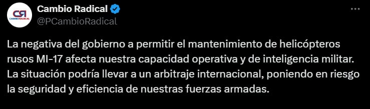 Partido Cambio Radical por la situación de los helicópteros rusos en la base de Tolemaida @PCambioRadical