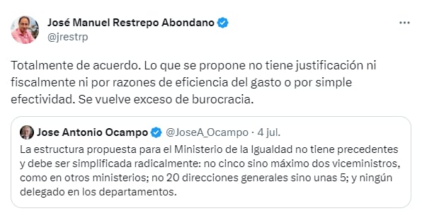 José Antonio Ocampo criticó el ministerio de la Igualdad y José Manuel Restrepo se mostró de acuerdo - crédito captura de pantalla.