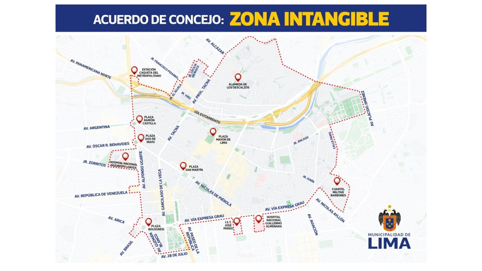 En la zona intangible se encuentran el Palacio de Gobierno, el Palacio Municipal, las plazas Mayor, San Martín, Bolívar, 2 de Mayo y Ramón Castilla; el Congreso de la República, la alameda de los Descalzos, entre otros inmuebles.