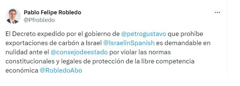 Pablo Felipe Robledo, exsuperintendente de Industria y Comercio, aseguró que el Decreto 1047 del Gobierno Petro es demandable - crédito @Pfrobledo/X