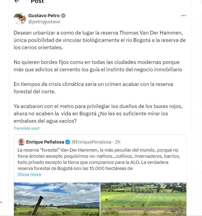 Gustavo Petro le responde a Enrique Peñalosa por la reserva Van Der Hammen - crédito @petrogustavo