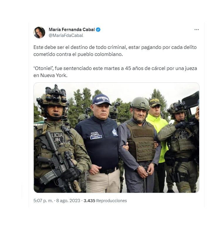 La senadora María Fernanda Cabal celebró la noticia de la sentencia de alias 'Otoniel'. Foto: Redes Sociales