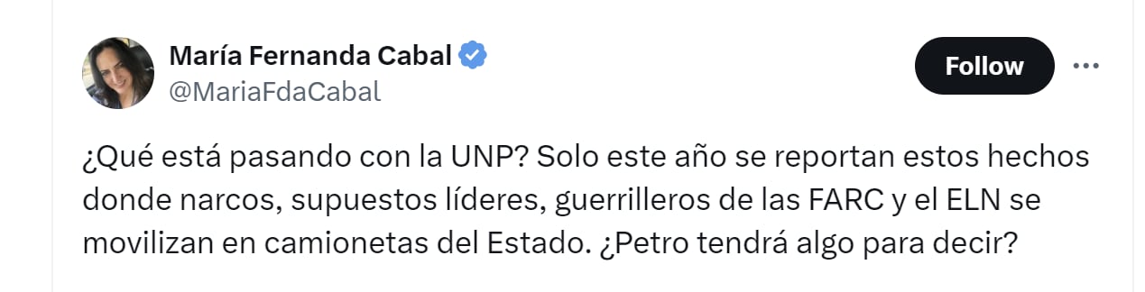 María Fernanda Cabal cuestionó irregularidades identificadas en la utilización de camionetas de la UNP - crédito @MariaFdaCabal/X