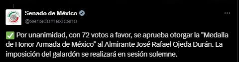 El integrante del gabinete de AMLO será condecorado en una sesión solemne (X/@senadomexicano)