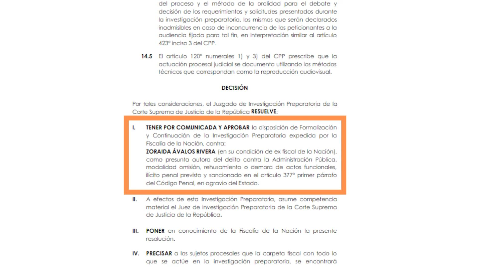 Poder Judicial formalizó investigación preparatoria de Zoraida Ávalos.