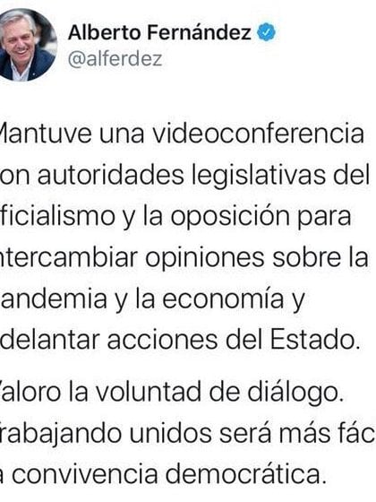 Tuit posteado por Alberto Fernández horas después de terminado el diálogo político en Olivos