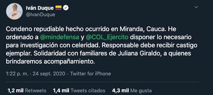 Duque rechazó la muerte de Juliana Giraldo.