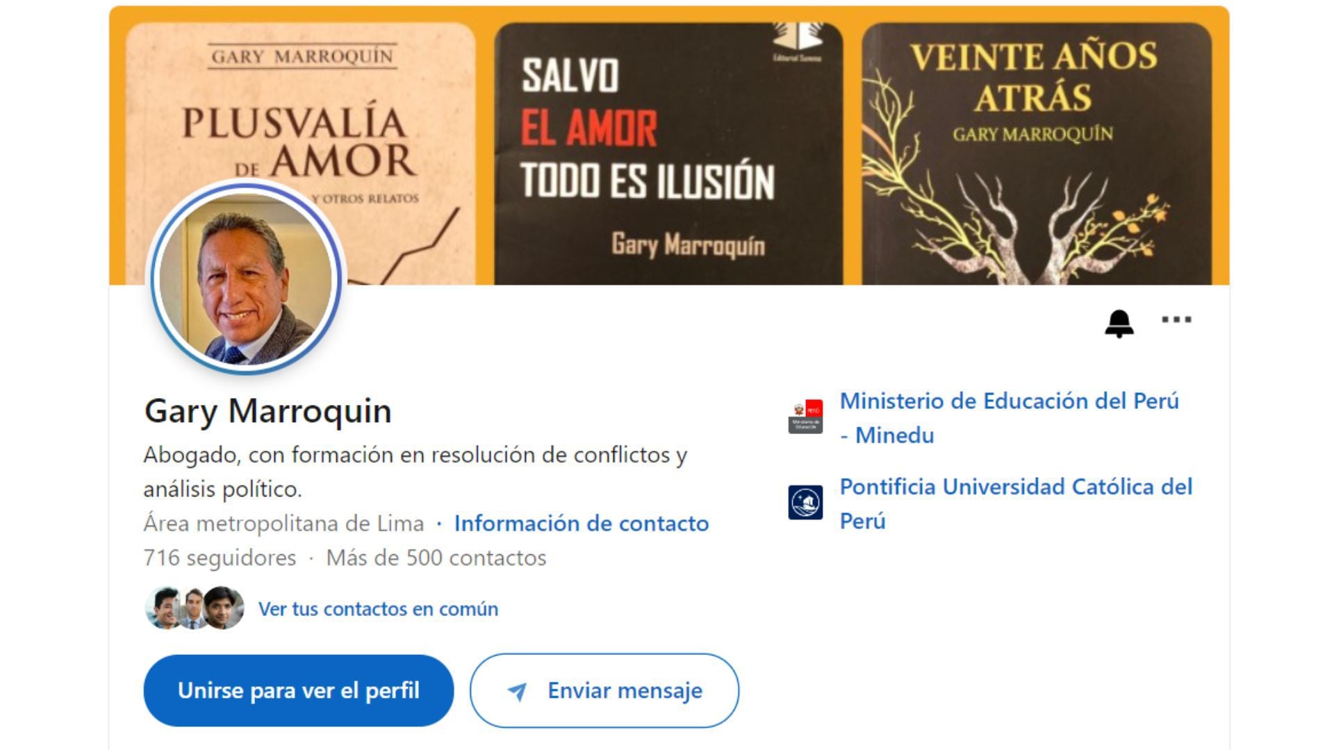 El nuevo director de la Casa de la Literatura es especialista en conflicto social y fue asesor en la PCM (Captura Linkedin)