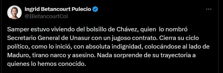 Ingrid Betancourt sobre las palabras del expresidente Ernesto Samper - crédito @IBetancourtCol/X