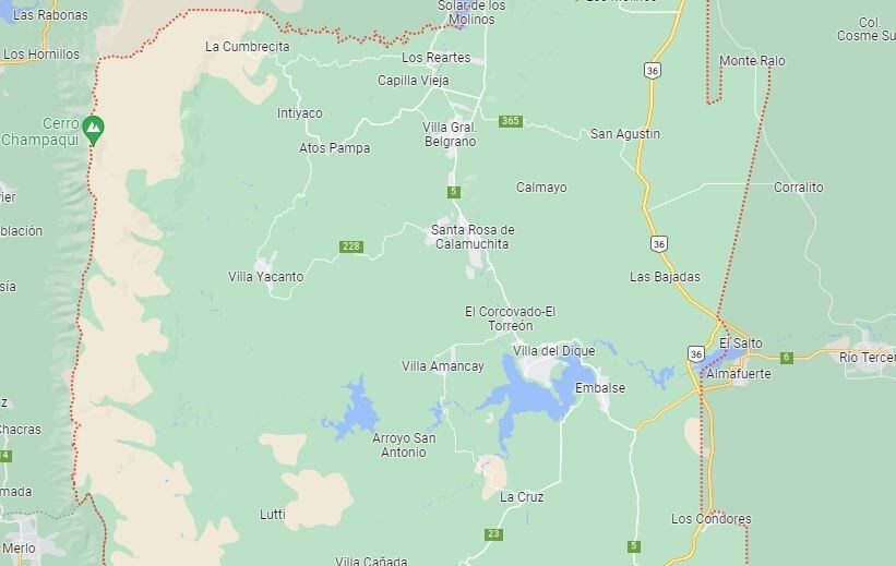 Vista de Google Maps de la ruta 228, que atraviesa Villa Yacanto y Santa Rosa de Calamuchita. Allí se situaron los focos de incendio