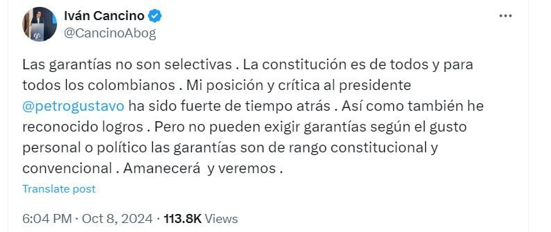 El abogado indicó que la decisión del CNE viola lo estipulado en la Constitución Política - crédito @CancinoAbog/X