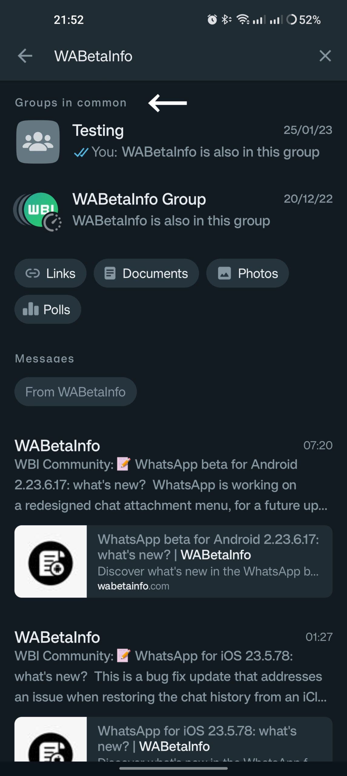 La nueva herramienta de búsqueda de WhatsApp mostrará los grupos en común entre contactos. (WABetaInfo)