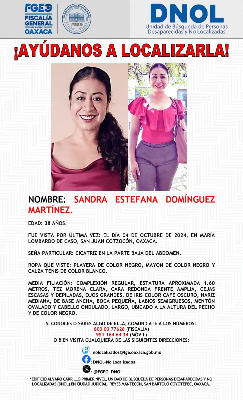 Sandra Estefana Domínguez Martínez se encuentra desaparecida, desde el pasado 4 de octubre. (Fiscalía de Oaxaca)