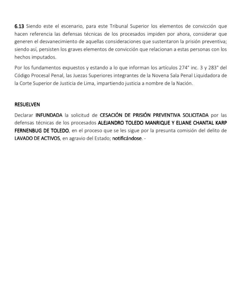 Resolución del Poder Judicial contra el expresidente Alejandro Toledo y su esposa Eliane Karp.