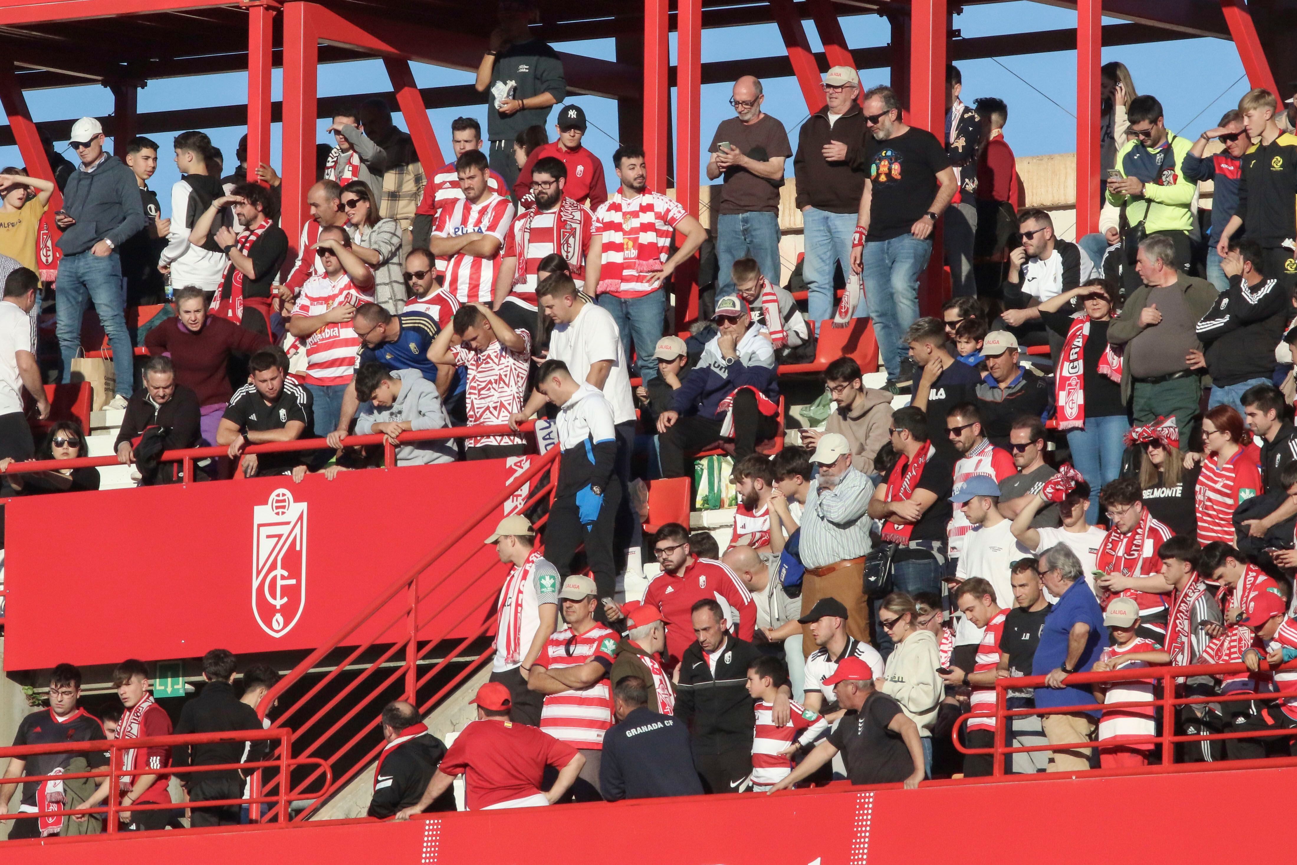 El público del partido Granada - Athletic observa la zona donde el domingo Antonio Trujillo perdió la vida tras un paro cardiorrespiratorio. (EFE/ Pepe Torres)
