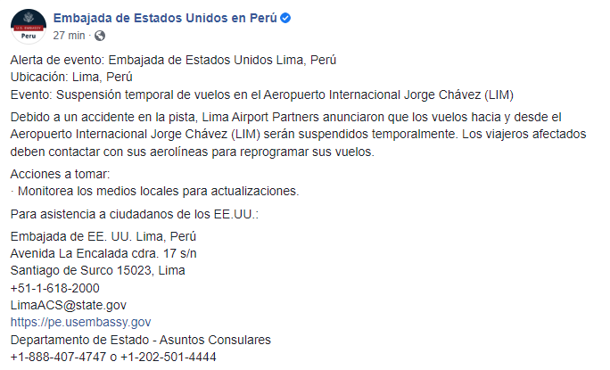 Comunicado de la Embajada de EE.UU. en Perú.