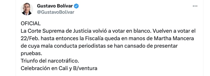 El exsenador catalogó como un triunfo del narcotráfico el nombramiento de Martha Mancera como fiscal General - crédito @GustavoBolivar/X