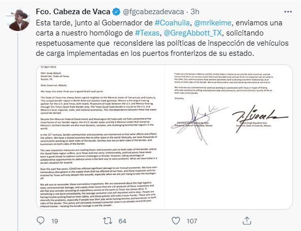 Cabeza de Vaca compartió la carta por medio de redes sociales (Foto: Twitter)