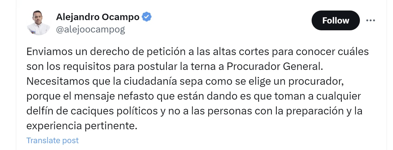 El congresista Alejandro Ocampo señaló presuntas irregularidades en la selección de procurador General de la Nación - crédito @alejoocampog/X