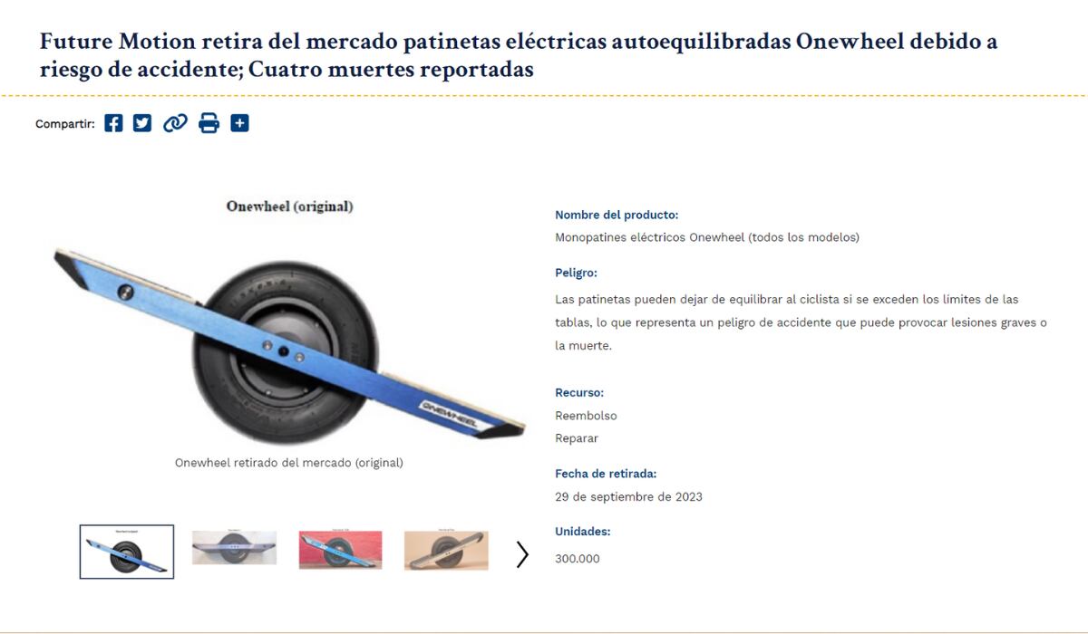 La Comisión de Seguridad y Protección al Consumidor de Estados Unidos ha pedido a los usuarios no subirse a los monopatines de la marca Future Motion debido al peligro de eyección de ellos que ya ha causado 4 muertes en el país. (CPSC)