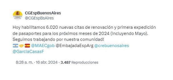 Mensaje Consulado Español en Buenos Aires