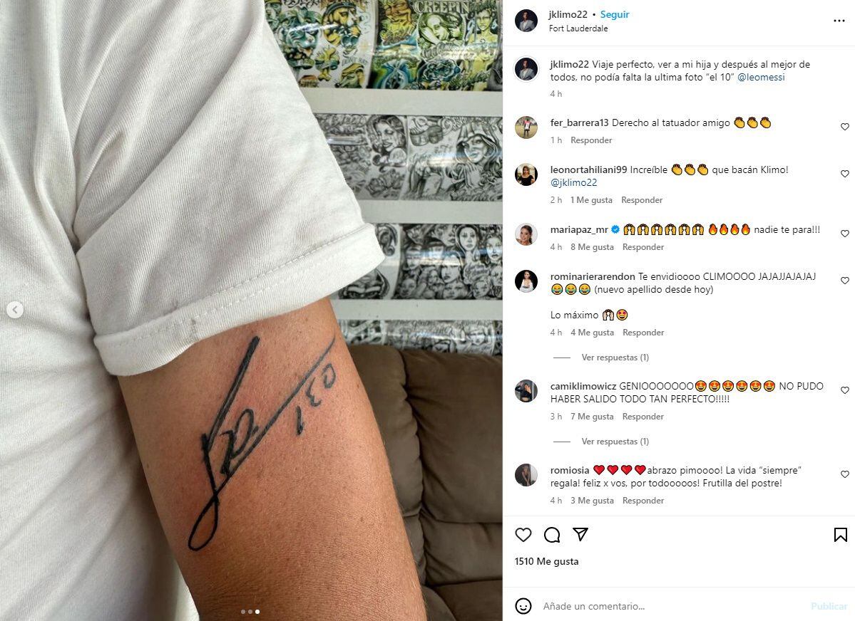 Javier Klimovich shows off his tattoo signed by Lionel Messi (Instagram)