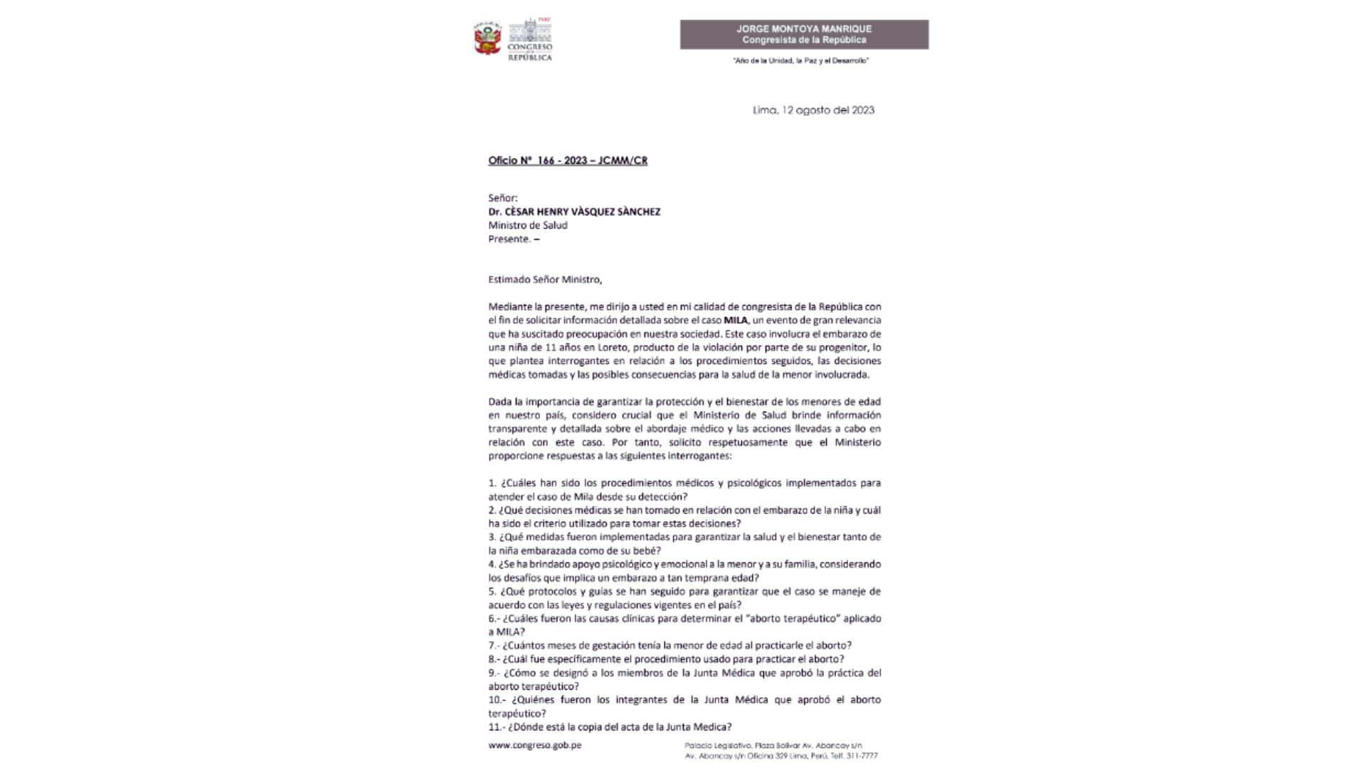 Documento del congresista Jorge Montoya al Ministerio de Salud| Congreso