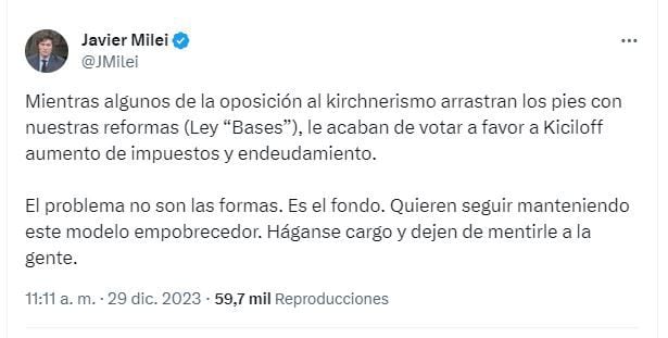 Tuit Javier Milei contra oposición