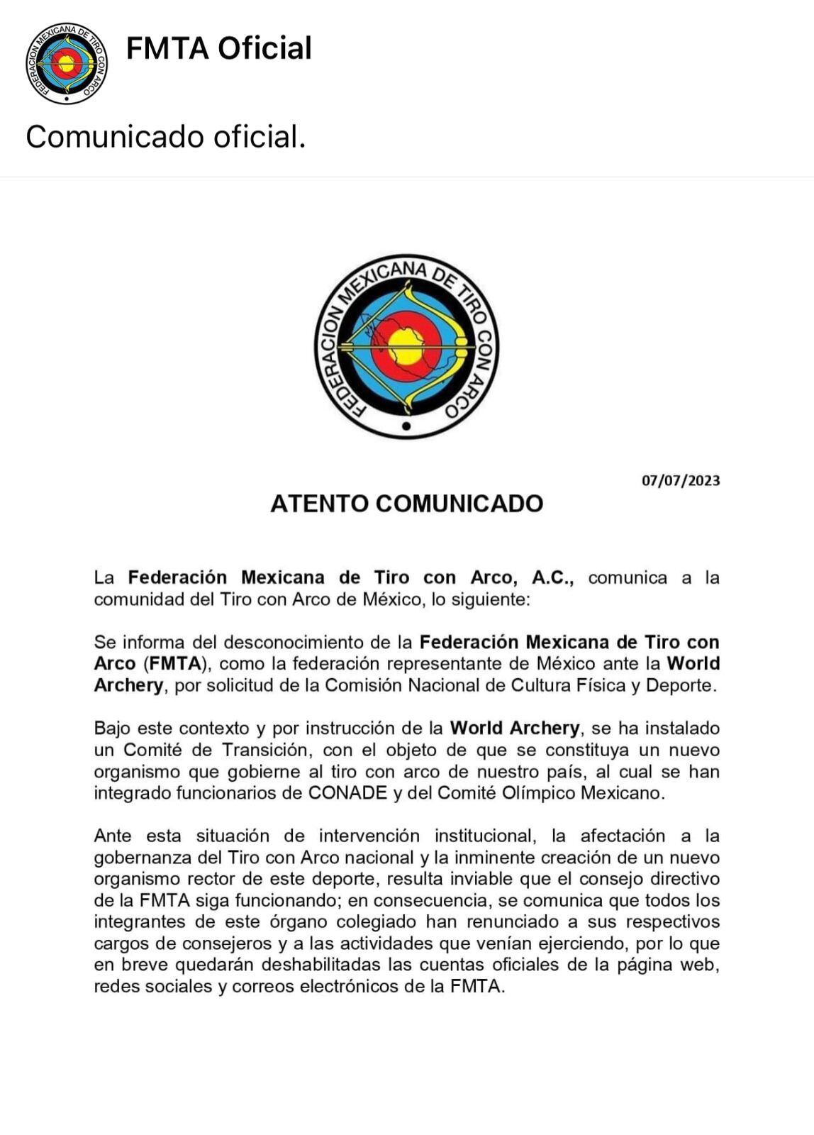 Comunicado oficial de la Federación Mexicana de Tiro con Arco sobre su desconocimiento ante World Archery (Foto: Facebook/FMTA)