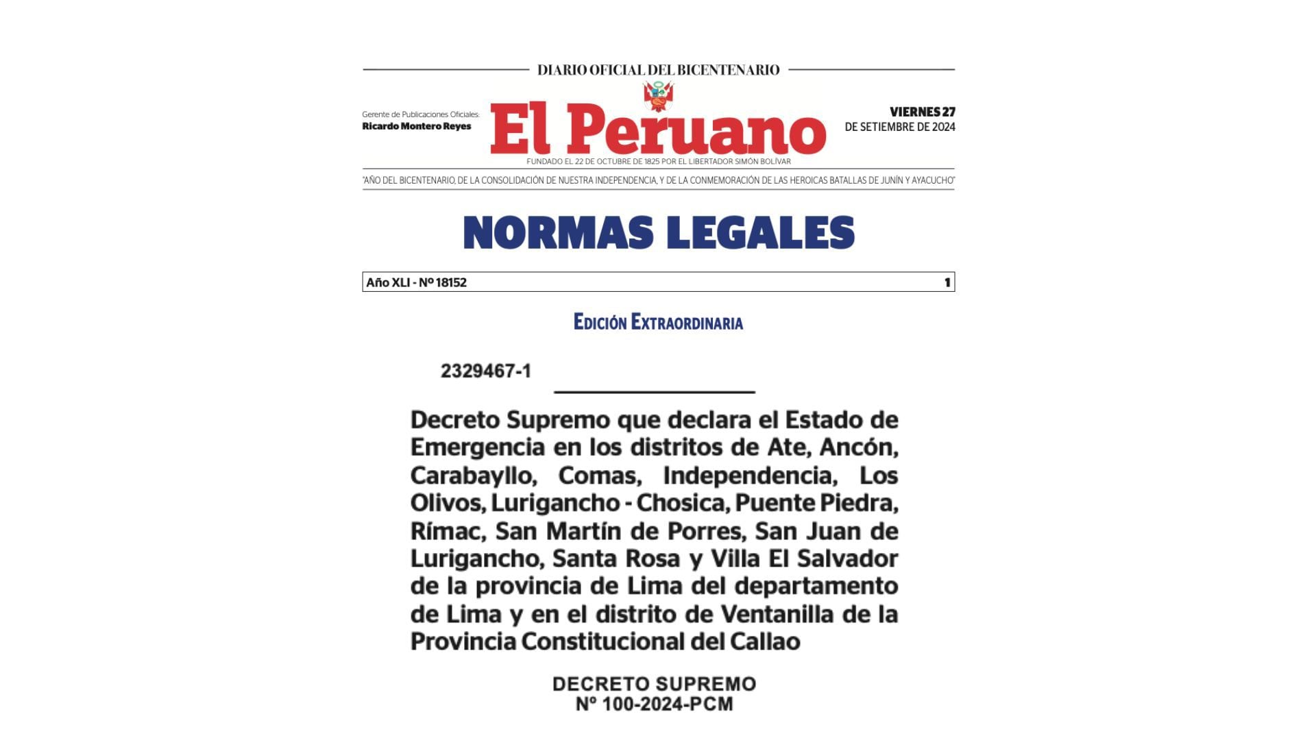 Decreto del estado de emergencia fue publicado en el diario El Peruano