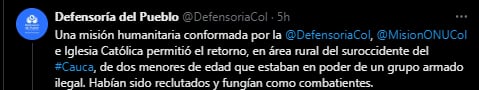 Defensoría informó la liberación de dos menores de edad que habían sido reclutados por la Segunda Marquetalia - crédito @Defensoríadelpueblo/X