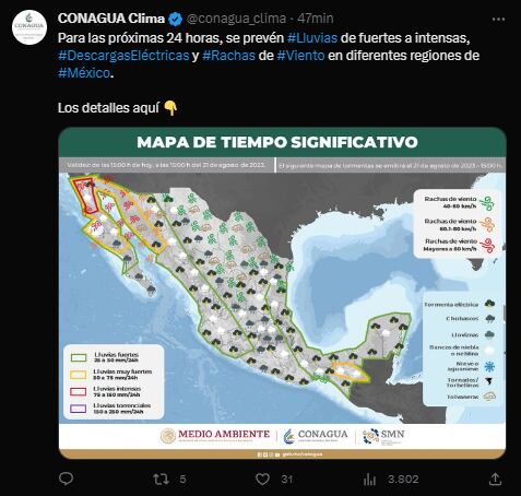 Se prevén lluvias en todo el país (Twitter/@conagua_clima)