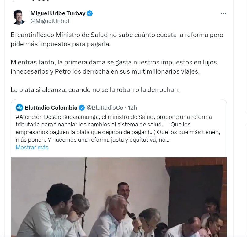 Miguel Uribe Turbay critica las palabras del ministro de Salud Guillermo Jaramillo - crédito @MiguelUribeT