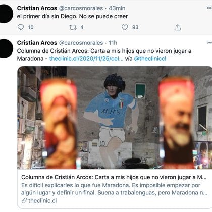 El periodista deportivo chileno Cristián Arcos en uno de sus twitter del día después de la muerte de Diego: "Primer día sin ti Diego, no se puede creer"