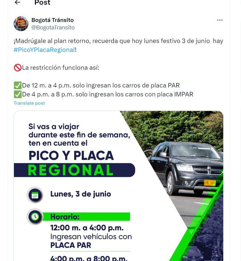 Autoridades de tránsito de Bogotá explican como funciona el Pico y placa regional - crédito @BogotaTransito