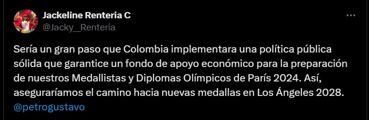 Solicitud de Jackeline Rentería al presidente Gustavo Petro - crédito @Jacky__Renteria/X