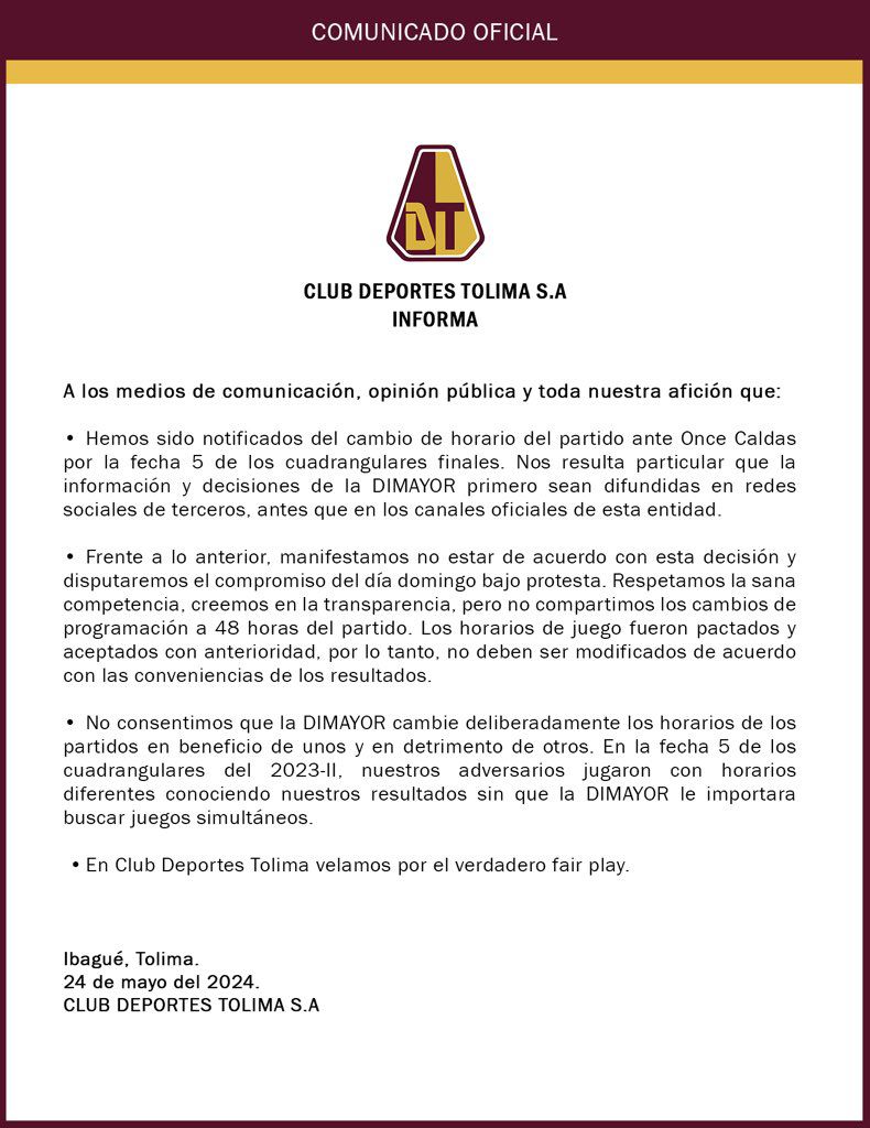 Comunicado del Deportes Tolima