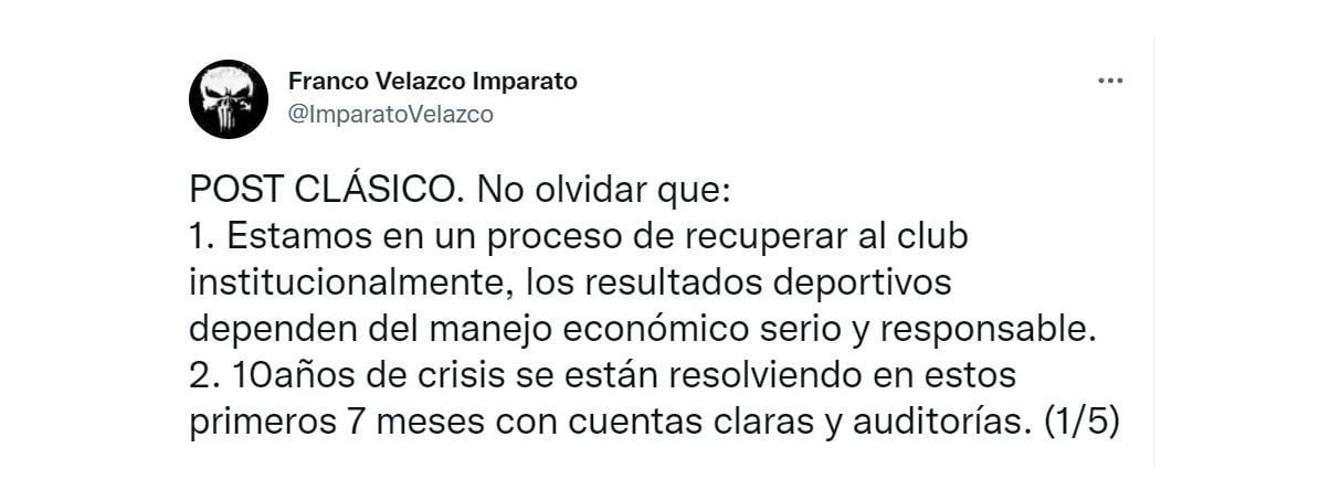 Publicación post clásico de Franco Velazco, abogado de Universitario, en su cuenta de Twitter