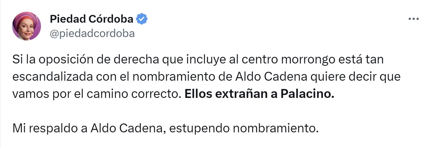 La senadora Piedad Córdoba defendió el nombramiento de Aldo Cadena como presidente de Nueva EPS - crédito X
