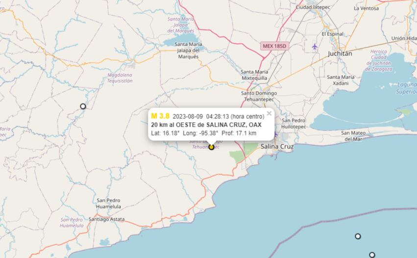 Epicentro del sismo en Oaxaca con una magnitud de 3.8 grados (SSN).
